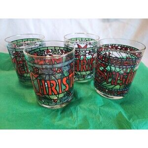 1970s Cera Houze Merry Christmas Seasons Greetings Gold Trimmed Set Of 4 Glasses